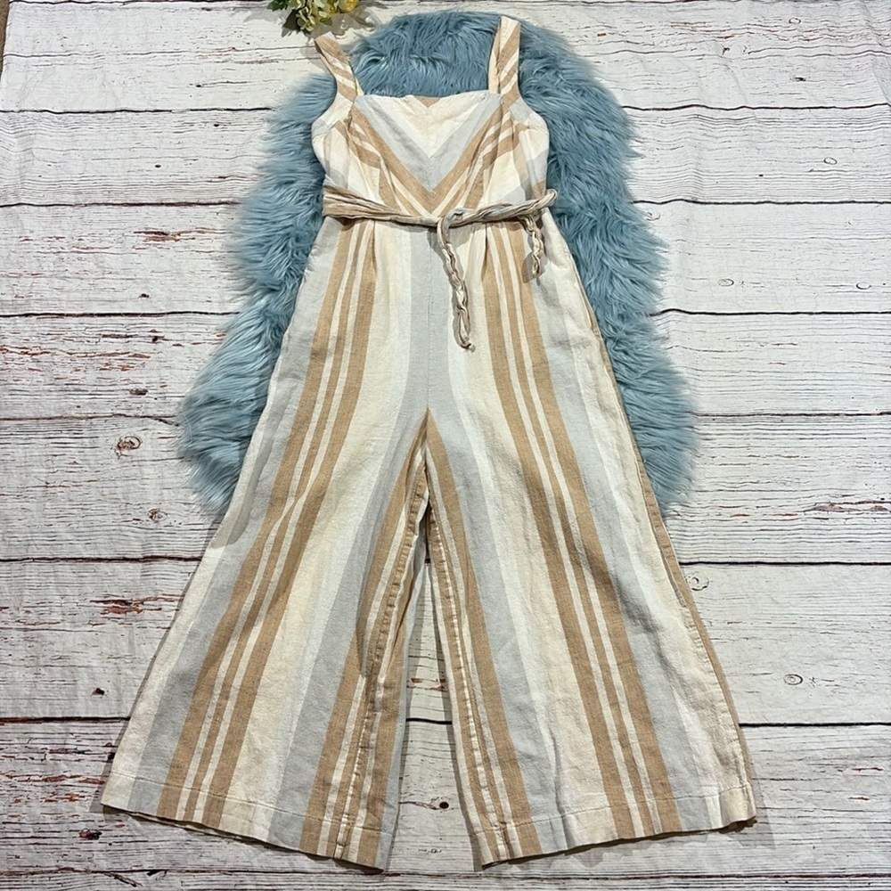 Anthropologie Savannah striped jumpsuit tie front neutral - Picture 2 of 11